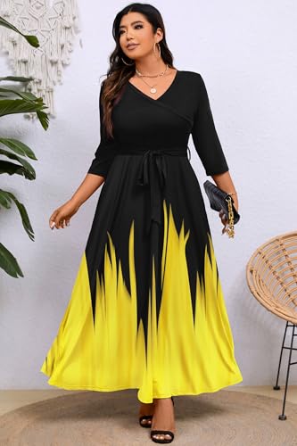 Image of Runwind Plus Size Maxi Dresses - 3 /4 Sleeve V Neck Long Dress for Women (XL-6XL)