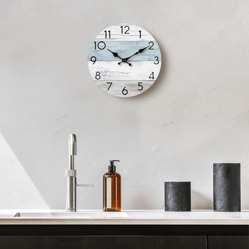 Image of KECYET Wall Clock Silent Non-Ticking Wooden Clocks Battery Operated 12 Inch Small Country Retro Rustic and Beach Style Decorative for Living Room, Kitchen, Home,Bathroom, Bedroom (Blue)
