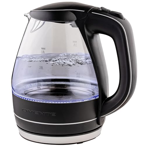 OVENTE Electric Kettle, 1.5L Borosilicate Glass Countertop Water Heater and Boiler for Coffee or Tea, BPA-Free, Auto Shut-Off, Boil-Dry Protection, Removable and Washable Spout Filter, Black KG83B