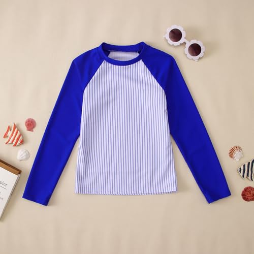 Image of Ritatte Girls Rash Guard Swimsuit 2 Pieces Stripe Bathing Suit Long Sleeve Rashguard Beach Shorts Summer Swimwear 7-12T(Dark Blue,10-11T(150))