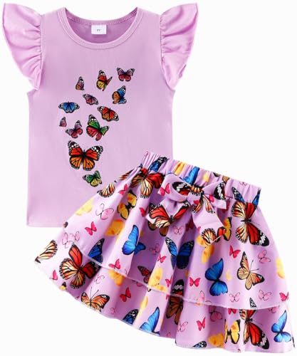 Image of Girls Skirt Set 2 Piece Outfit Toddler Summer Clothes Ruffle Sleeve T-Shirt Bow Knot Tutu Skirt Outfit Set