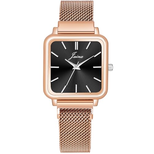 Image of jainx Square Dial Rose Gold Mesh Chain Analog Wrist Watch for Women (Rose Gold /Brown /Black /Silver /Green Color Dial)