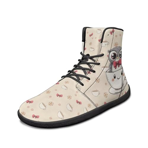 Watdotory High Top Owl Cup Bow Pattern Barefoot Running Shoes for Men Grounded Footwear Wide Toe Box Gym Shoes Casual Mens Shoes US 6.5