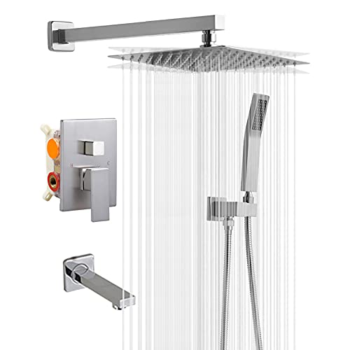 10 Inches Bathroom Rain Shower Combo Set, Wall Mounted Luxury Rainfall Shower Head System with Rough-in Valve Body and Trim (10 Inch, Brushed Nickel)