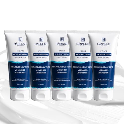 Image of Mannlich Anti Chafing Cream for Men, Anti-Rash Cream for Intimate Areas, Reduces Inner Thigh Rashes from Sports and Fitness Activities, Prevents from Sweat, Odor, Irritation & Rashes | Dermatologically Tested | 50ml (Pack of 5)