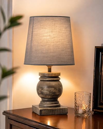 Image of Homesake Small Table Lamp for Bedroom Living Room Simple Retro Grey Distress Wood Grain Farmhouse Bedside Lamps Suitable for Nightstand, Desk Light, Gift, Trophy, (Gray Drum Shade)