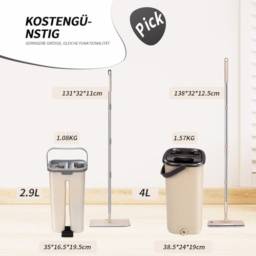 Masthome Wischmopp Set mit Eimer,2 in 1 Putzeimer mit Wischmop, Bodenwischer Set mit 3 Mikrofaser Wischpads, Wischer mit Auswringfunktion,Flachmopp Set für Laminat Hartholz Fliesen & Hartböden – Bild 5