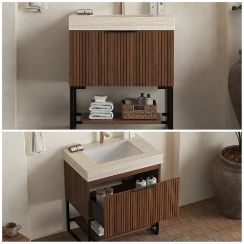 Image of 30 inch Freestanding Bathroom Vanity with Sink, Bathroom Vanity with Sintered Stone Top & Undermount Ceramic Basin, Pre-Assembled Striped Bathroom Storage Cabinet with Drawer & Open Shelf, Walnut