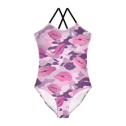 Lip Camouflage Pattern Girls One Piece Swimsuits Summer Quick Dry Beach Bathing Suit