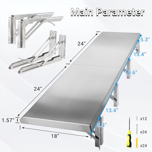 Image of Folding Concession Stand Shelf 18 inch x 48 inch Spliced Style for Kitchen | Stainless Steel Drop Down Serving Food Shelf, Easy to Clean & Space-Saving Concession Shelves for Garage, Food Cart