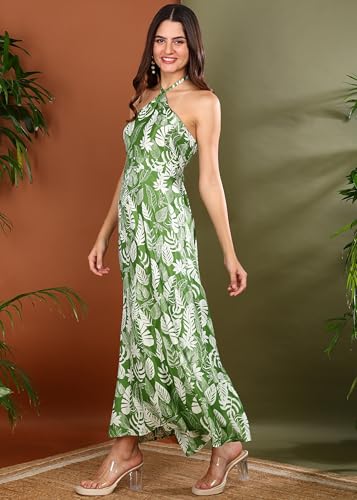 Image of Yash Gallery Women's Microfiber Halter-Neck Maxi Dress | Green Leaf Print | Tie-Up Neck, Elasticated Waist, Sleeveless | Casual, Beach & Resort Wear