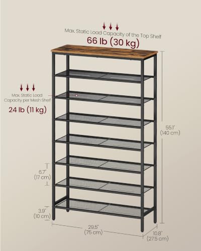 Image of VASAGLE Shoe Rack with 7 Mesh Shelves and 1 Large Top for Bags, Steel Frame