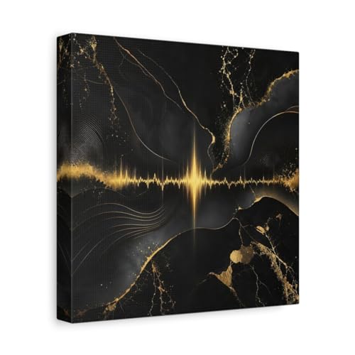 Toile abstraite onde sonore noir et or avec châssis premium de 3 cm