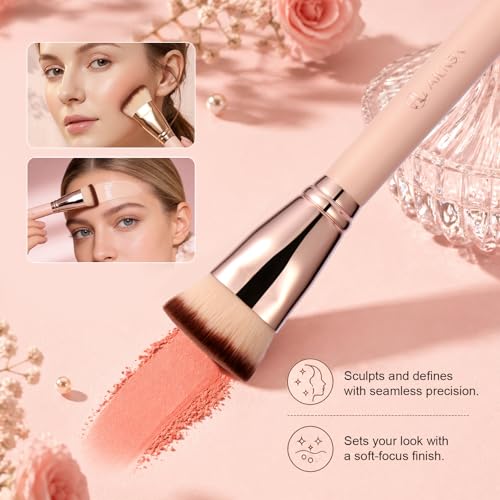 Image of Flat Top Foundation Brush for Liquid, Cream and Powder Foundation, Dense Makeup Brush for Buffing, Stippling, Concealer and Contour, Pink Handle Rose Gold Ferrule