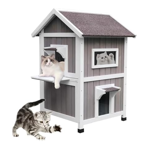 Rockever Outdoor Cat House, 2 Story Outdoor Houses for Feral Cats Wooden Outside Cat Shelter Weatherproof with Escape Door Cover