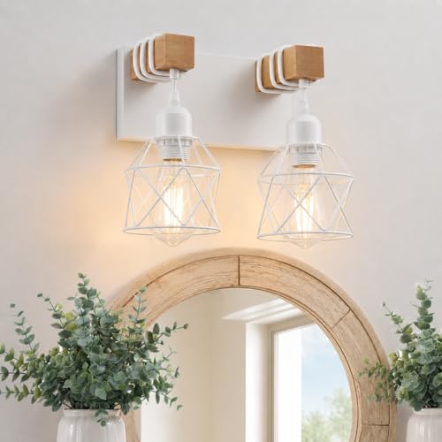 Image of Farmhouse Vanity Light Fixture,2-Light Bathroom Lighting,White Modern Wood Wall Light Over Mirror with Metal Shade