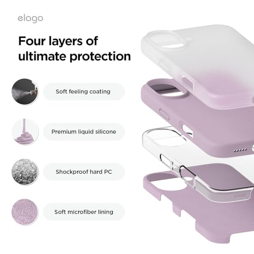 Image of elago Compatible with iPhone 16 Case, Premium Liquid Silicone Case, Full Body Protective Cover, Shockproof, Slim Phone Case, Anti-Scratch Soft Microfiber Lining, 6.1 inch (Soft Purple)