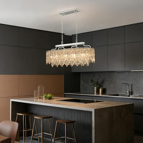 Image of 12-Lights Chrome Oval Crystal Chandeliers for Dining Room 36 inch