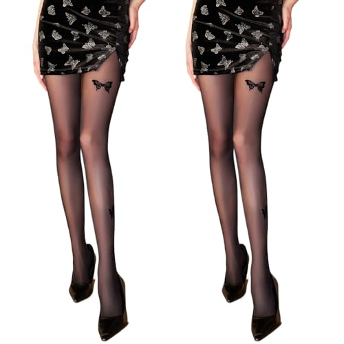 2 Pairs Premium Velvet Mock Butterfly Tattoo Black Tights for Women with Designs Patterned Pantyhose Sheer Stockings