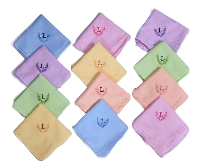 ANTONIA Personalized Cotton Women's Handkerchiefs with Embroidered Initials, Pack of 6, Assorted Colours (27 cm x 27 cm)-picture-28