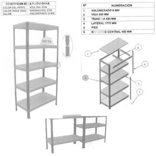 Estantería Modular metálica Reforzada, para Uso Particular y Profesional, 5 Baldas Capacidad de Carga máxima 1000kg. 177cm x 99cm x 45cm. Ideal para garajes, talleres y almacenes.