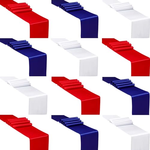 VitalCozy 12 Pcs Red White and Blue Satin Table Runners 12 x 108