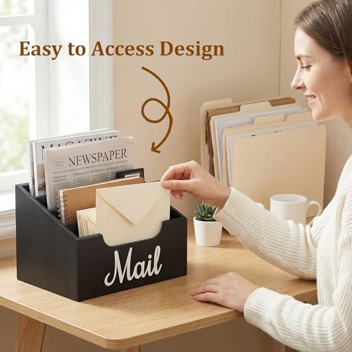 Wood Mail Organizer Countertop, Rustic Mail Holder for Desk with 4 Slots, Mail Sorter for File Paper Folder, Letter Sorter Bill Organizer for Office Home Classroom, Desk Organizers and Accessories - Thumbnail 4