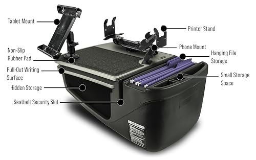 Image of AutoExec AE-GMCD-PM-PS-TAB-GT GripMaster Car Desk for Your Vehicle Workstation and Mobile Office, Grey with Phone Mount, Printer Stand and Tablet Mount | Phone Mount, Printer Stand, Tablet Mount, Vehicle Workstation, Mobile Office