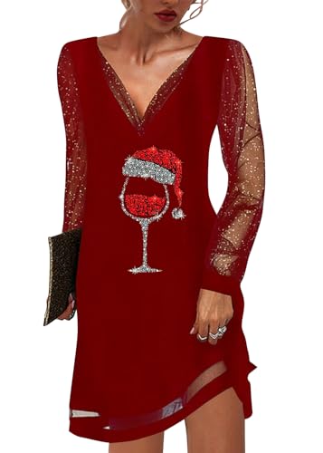 shownicer Vestito Natale Donna Abito con Natalizio Stampa Elegante Manica Lunga Vestiti al Ginocchio Autunno Inverno Abiti Natalizio da Party Festa Cocktail Vestito Abito da Sera G Rosso2 M