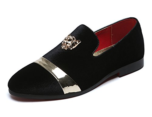 Mens Velvet Loafers Slippers with Gold Buckle Wedding Dress Shoes Slip-on Smoking Flats Black Blue Red