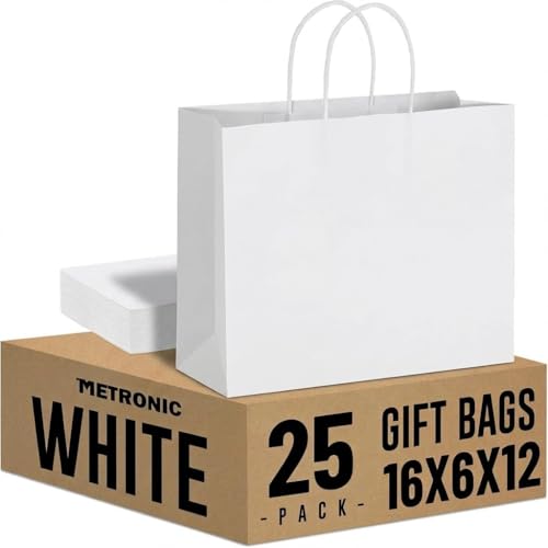 METRONIC White Paper Bags 16 x 6 x 12 Inch 25 Pack Large Gift Wrap Bags with Handles Heavy Duty Bulk Kraft Paper Bag for Shopping Birthday Party Favors Retail Business