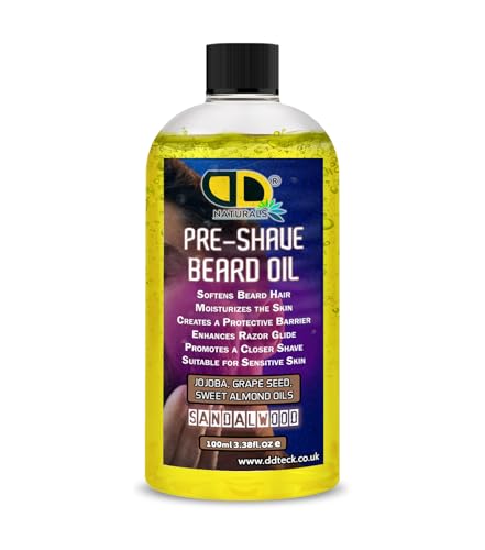 Pre-Shave Beard Oil with Sandalwood – Soothes Sensitive Skin, Softens Hair, Enhances Razor Glide & Reduces Tug & Irritation – Natural Jojoba, Grapeseed & Sweet Almond Oils (100ml)