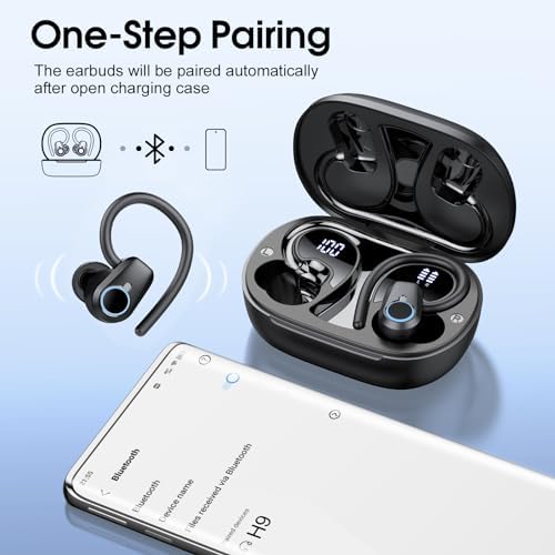 Wireless Earbuds, 2023 Wireless Earphones Bluetooth 5.3 Headphones Wireless, Over Ear Buds Wireless Earbuds with Earhooks, IP7 Waterproof 50H Stereo Wireless Headphones Sport, Dual LED Display, Black