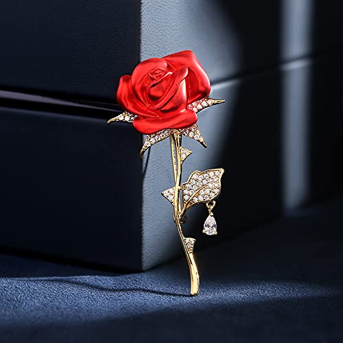 Image of Anmpab Rhinestone Rose Flower Brooch Pin for Women Red Green Crystal Big Leaf Brooch Lapel Pins Elegant Dress Accessories Jewelry Boutonniere Corsage for Hat Bag Suit Tie Valentine Wedding Mother Day