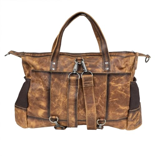 Image of STS Ranchwear Serengeti Amelia Durable Secure Versatile Leather Multi-Bag with Baby, Cream Cowhide /Leopard Print /Brown