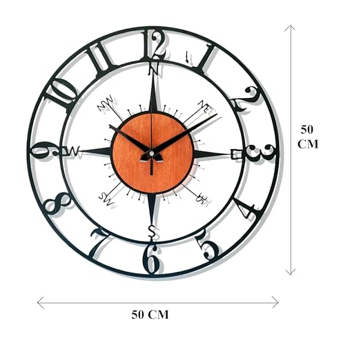 Image of Arabs Morden Metal & Wooden Wall Clock for Living Room Bedroom Office Kitchen Stylish Wall Clock for Home and Hall Designer Big Size Modern (Direction, 50 CM, Analog)