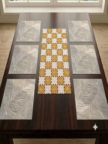 Image of Dakshya Industries PVC Waterproof Table Placemat & Table Runner Combo Set | 6 Dining Table Mats + 1 Runner | Heat Resistant, Washable, Non-Slip Table Mat Set (Dining Charm)