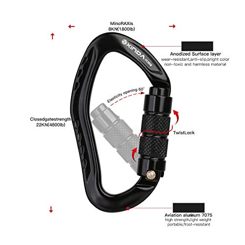 XINDA Auto Locking Climbing Carabiner Clip,CE UIAA Certified Twist Lock Heavy Duty Carabiners for Rock/Tree Climbing,Rappelling,Hammock,Hiking,Camping,Outdoor Gear (2 pcs,Black)