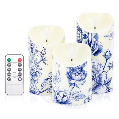 Ouvibor 3 Pcs Blue and White Flameless Candles Wedding Table...
