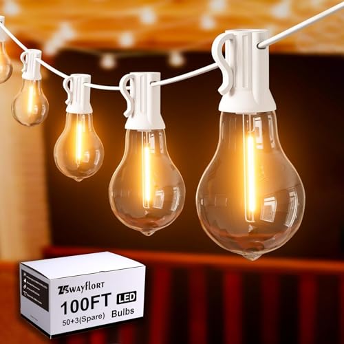 Tswayflort Outdoor String Lights 100 Feet LED Patio Lights 53 Plastic Edison Bulbs (3 Spare) Waterproof Connectable Hanging Light for Backyard Porch Balcony Party Decor White