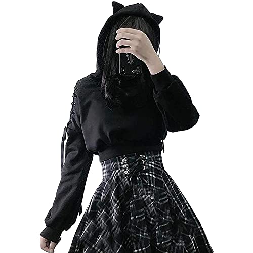 Lyilepu Women Y2k Pullover Hoodies Long Sleeve Cute Ear Cat Off Shoulder Crop Top Gothic Hooded Sweatshirt Tops for Teen Girls Black, Small