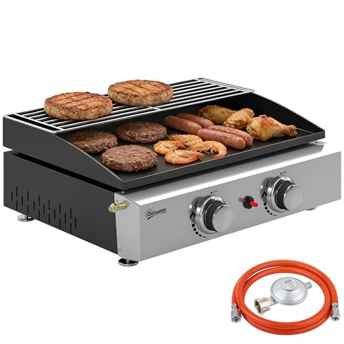 Outsunny Gasgrill 5 KW Tragbarer Tischgrill mit 2 Brenner Keramische Lackbeschichtung Grillrost Warmhalterost herausnehmbar Fettauffangschale, Edelstahl Picknickgrill Tischgasgrill für Garten Balkon