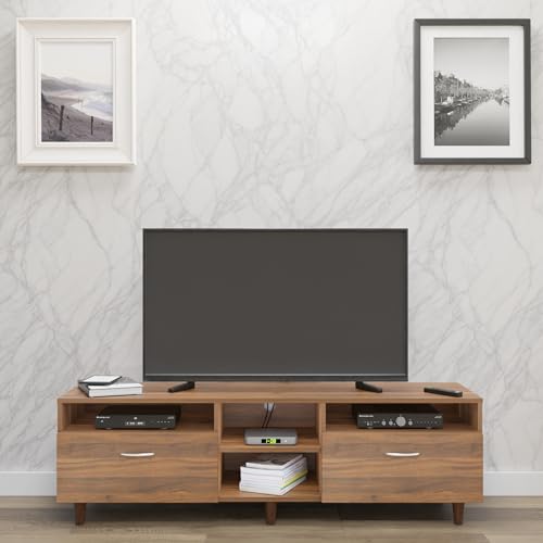 Image of VIKI Modern TV Unit for Living Room | Engineered Wood TV Cabinet with 2 Drawer Storage & 3 Open Shelves, Set Top Box Stand, Entertainment Unit, 160W x 48H x 40D cm | DIY | 1 Year Warranty (Walnut)