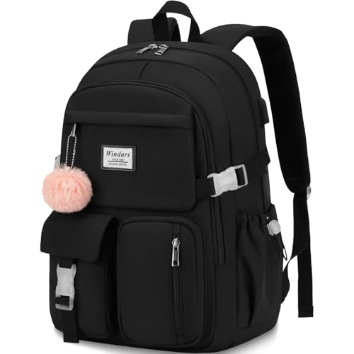 WINDARS Mochila para meninas adolescentes, mochila para laptop, linda mochila infantil para estudantes do ensino médio, bolsa escolar grande, Preto, 17.3 inch