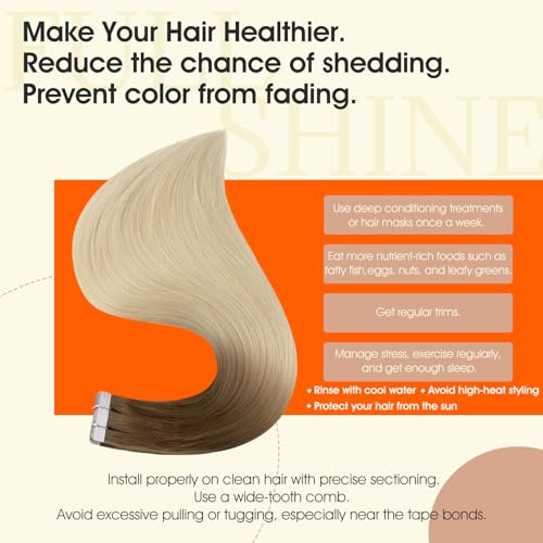 Image of Full Shine Tape in Hair Extensions Real Human Hair Color 3 /8 /613 Balayage Tape ins Human Hair Extensions Remy Straight Hair Double Sided Adhesive Invisible Extension 22Inch 20Pcs 50G Soft Silky