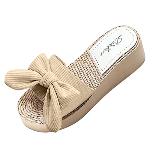 Spring Casual Sandals Summer Fashion and Beach Wedge Bow Slippers Women's Slipper Slippers for Women Indoor and Outdoor (Beige, 8)