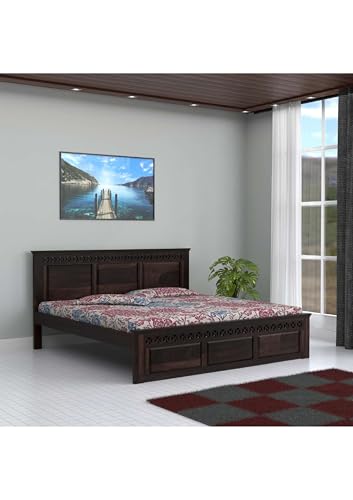 Image of Solid Sheesham Wood Queen Size Bed Without Storage | Wooden Double Bed Cot for Bedroom Furniture | Platform Bed | Palang for Hotels | Walnut, Recommended Mattress Size: 78 X 60 Inch