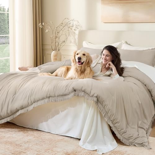 Image of Andency Oatmeal Comforter Set Twin Size, 2 Pieces Boho Tassel Lightweight Bedding Comforter Sets, All Season Soft Fluffy Fringe Bed Set (66x90In Comforter & 1 Pillowcase)