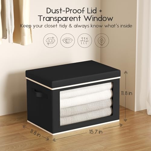 Image of Homsorout Collapsible Storage Bins with Lids - Stackable Storage Containers with Window, 15.7 Inch Fabric Organizing Bins for Closet, Home & Office Organization Baskets, Black, 3 Pack
