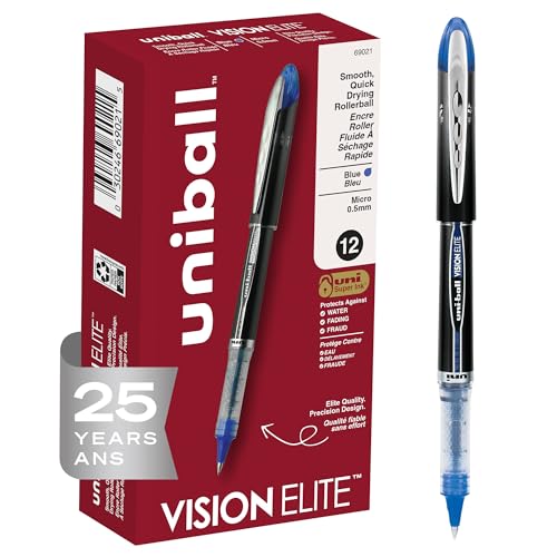 Image of Uni-Ball uniball Vision Elite Rollerball Pens with 0.5mm Fine Point Micro Tip, Blue, 12 Count (Pack of 12)
